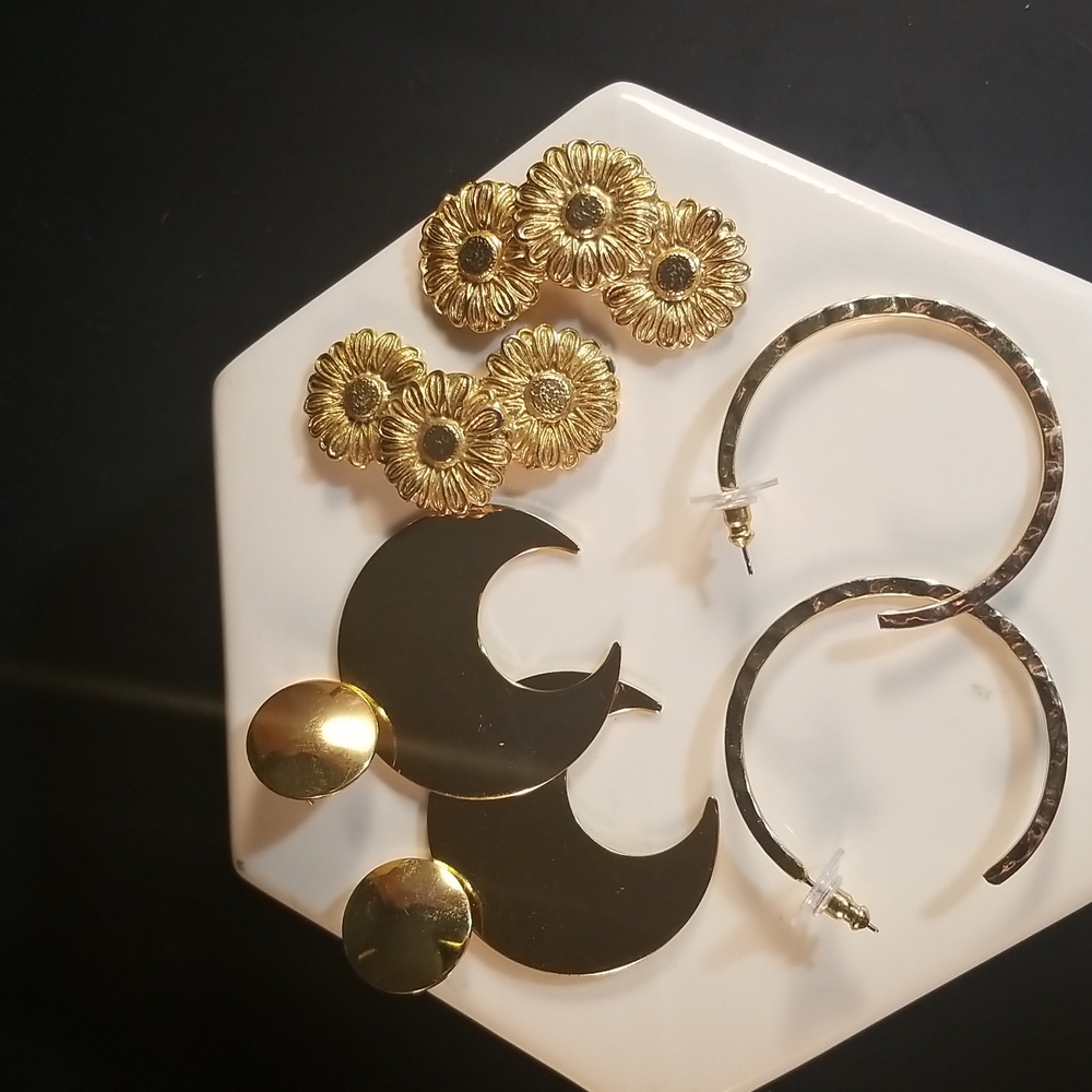 3 pair of costume gold tone earrings. 2 pierced 1 Clip.